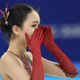Zhu Yi of China reacts after her performance in a figure skating team event on February 7 at the 2022 Beijing Olympics.